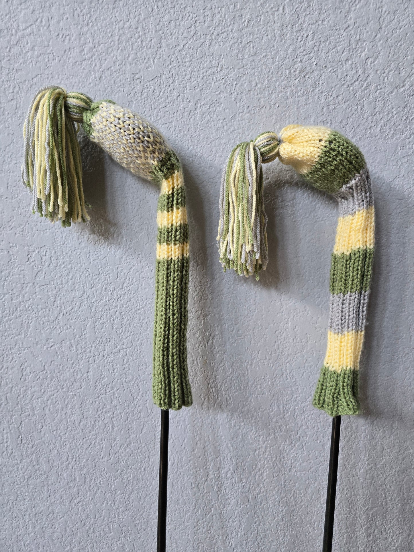 Two Golf Club Head Covers Retro-Vintage Green, Yellow & Gray with Tassels for Fairway Woods