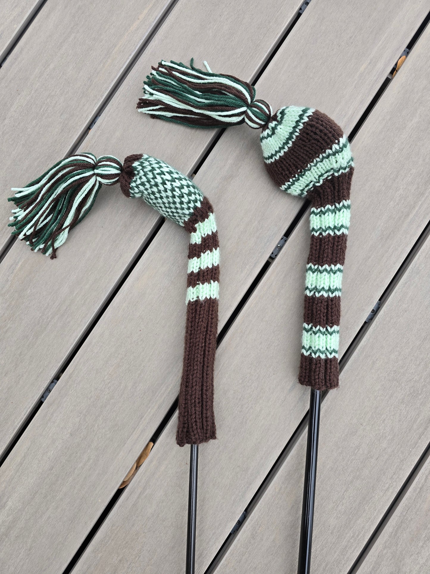 Two Hand Knit Golf Club Head Covers with Tassels for Driver and Fairway Wood Custom Order for Tristan in Brown, Hunter Green and Mint Green