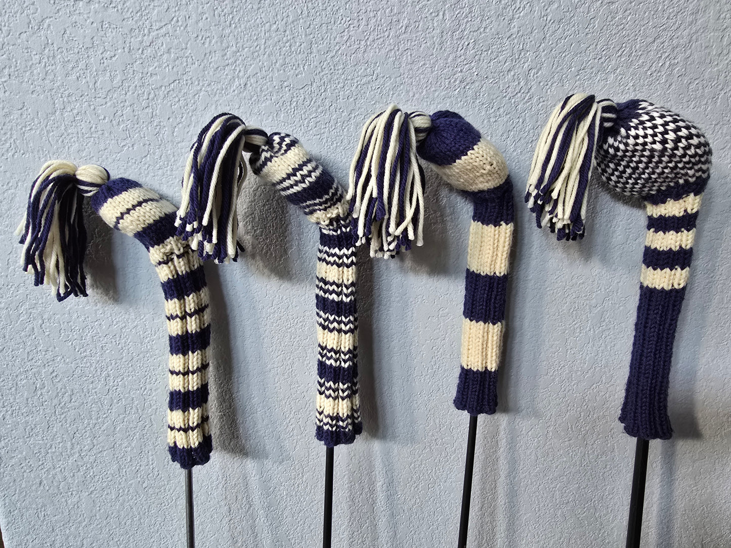 Four 100% Wool Hand Knit Golf Club Head Cover Retro-Vintage Navy & Ivory with Tassels for Driver, Fairway Woods and Hybrid
