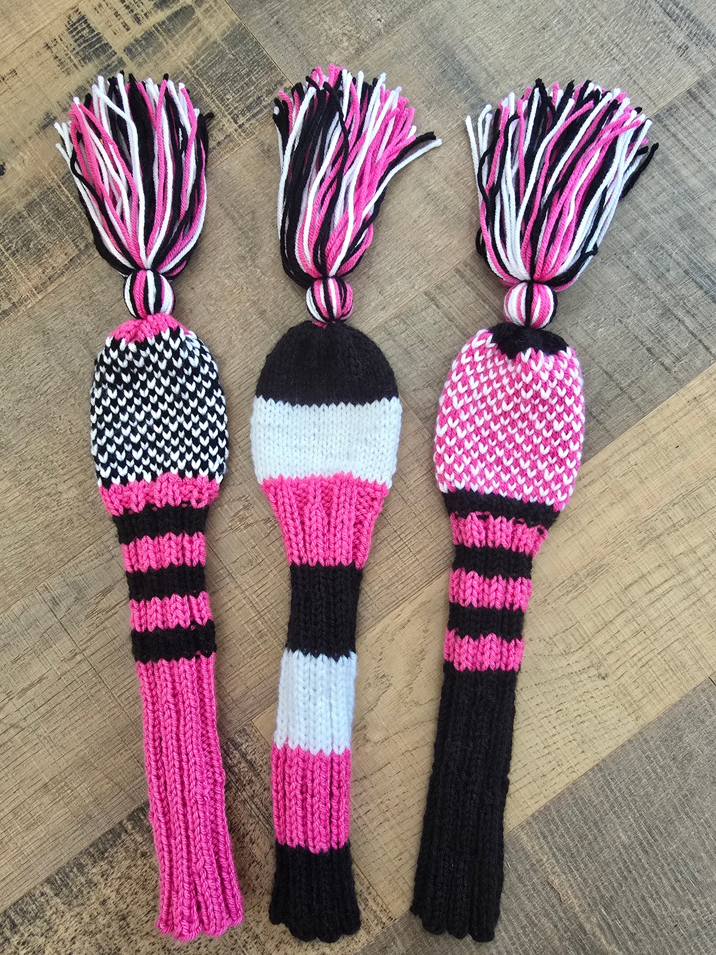 Two Hand Knit Golf Club Head Covers Retro-Vintage Black, Pink & White with Tassels for Fairway Woods