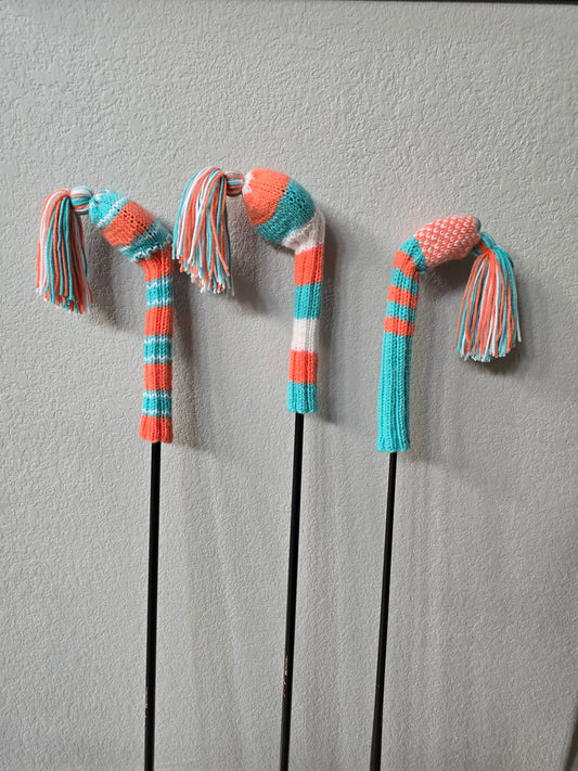Three Hand Knit Golf Club Head Covers Retro-Vintage Orange, Blue & White with Tassels for Drivers, Woods