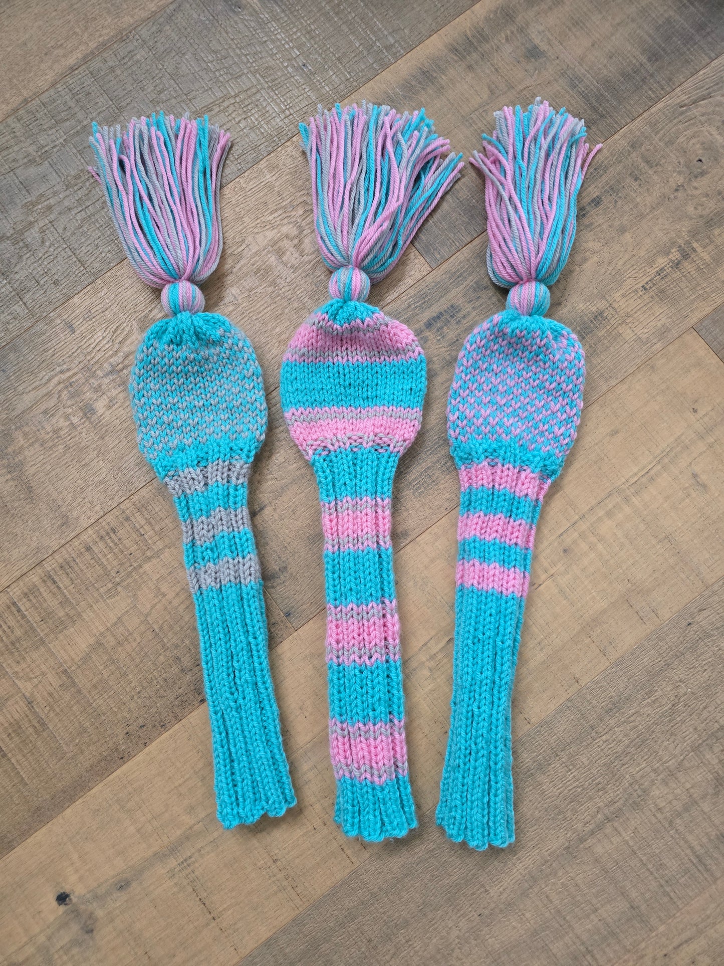 Golf Club Head Covers Retro-Vintage Pink, Gray & Aqua with Tassels for Drivers, Woods Hand Knit Golf Accessory