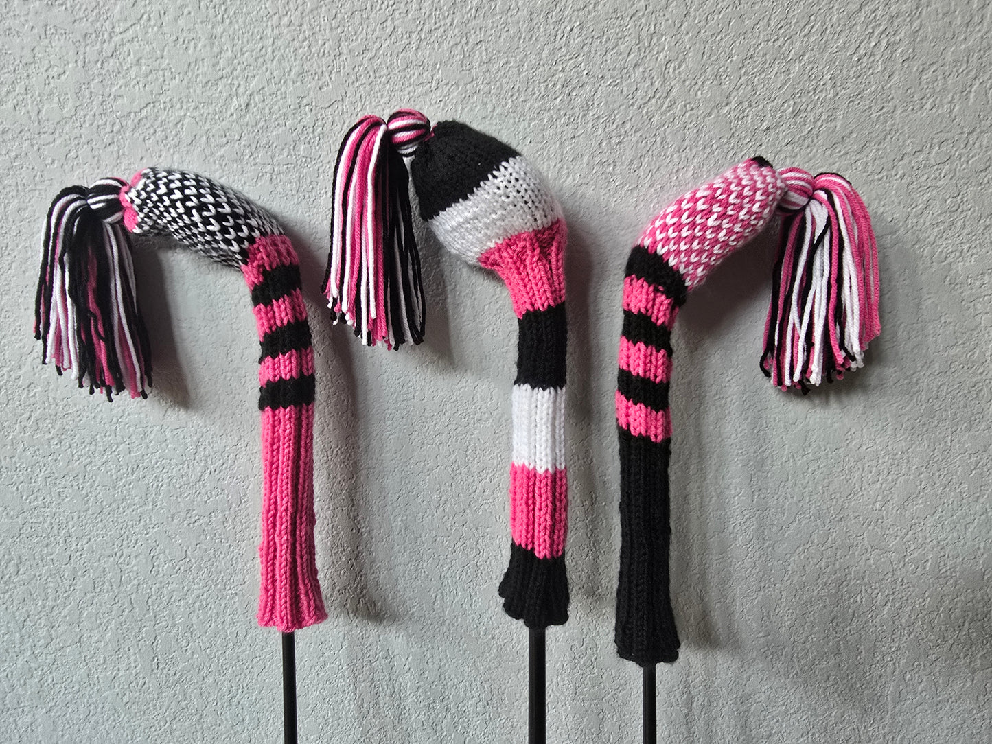 Two Hand Knit Golf Club Head Covers Retro-Vintage Black, Pink & White with Tassels for Fairway Woods