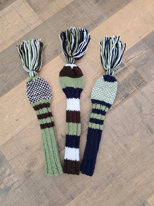 Hand Knit Golf Club Head Covers Retro-Vintage Navy, Green, Brown & White Set of Three Driver & Fairway Woods
