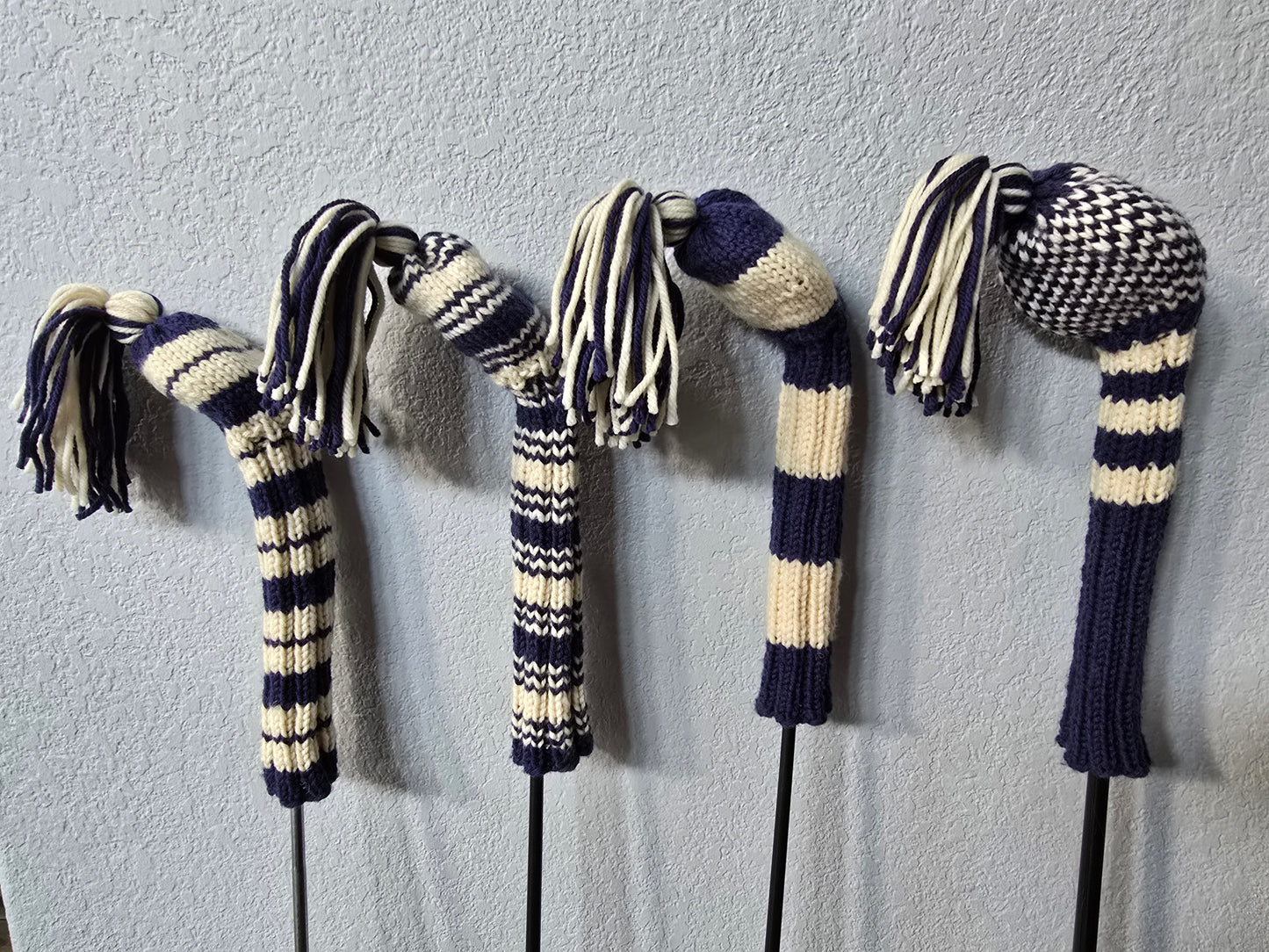 Four 100% Wool Hand Knit Golf Club Head Cover Retro-Vintage Navy & Ivory with Tassels for Driver, Fairway Woods and Hybrid