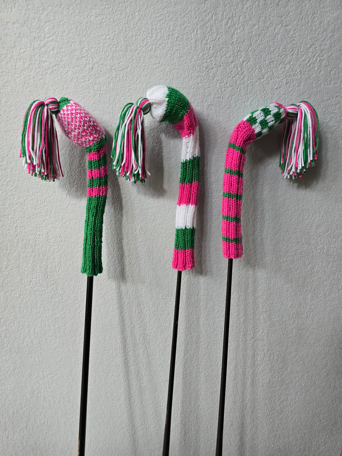 Golf Club Head Covers Retro-Vintage Pink, Green & White with Tassels for Drivers, Woods Hand Knit Golf Accessory