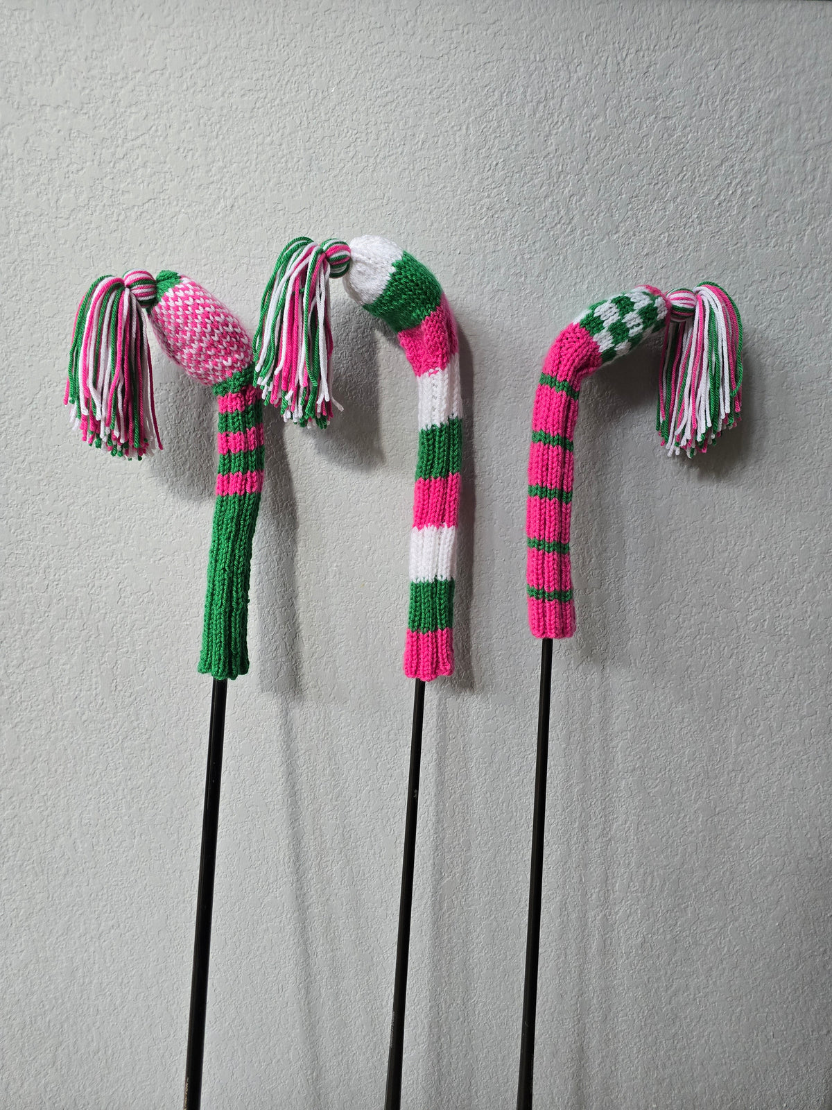 Golf Club Head Covers Retro-Vintage Pink, Green & White with Tassels for Drivers, Woods Hand Knit Golf Accessory