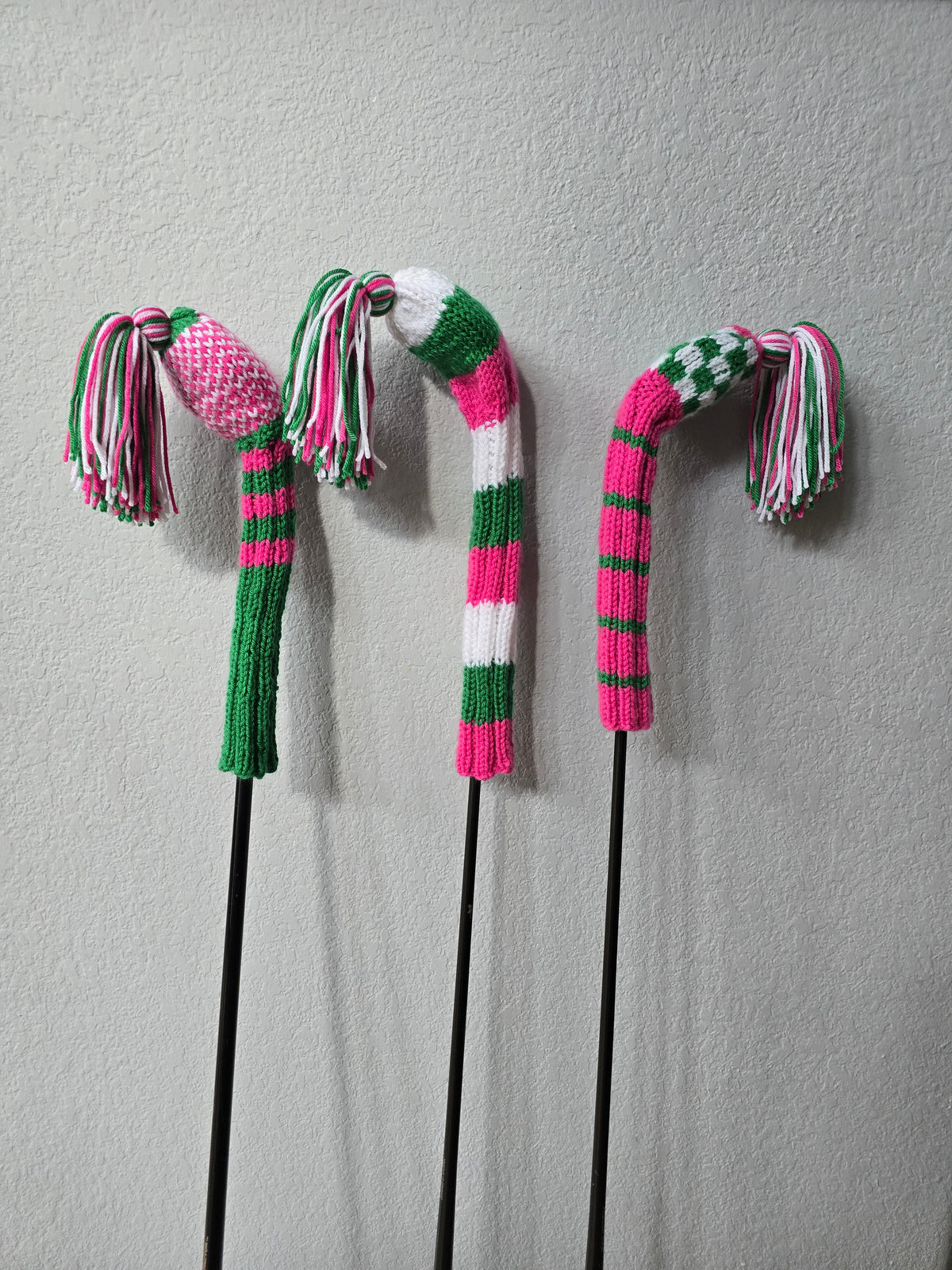 Golf Club Head Covers Retro-Vintage Pink, Green & White with Tassels for Drivers, Woods Hand Knit Golf Accessory