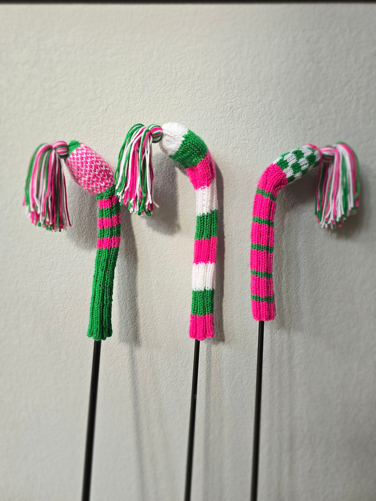 Golf Club Head Covers Retro-Vintage Pink, Green & White with Tassels for Drivers, Woods Hand Knit Golf Accessory