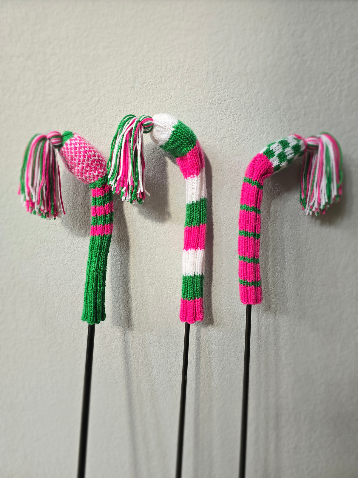 Golf Club Head Covers Retro-Vintage Pink, Green & White with Tassels for Drivers, Woods Hand Knit Golf Accessory