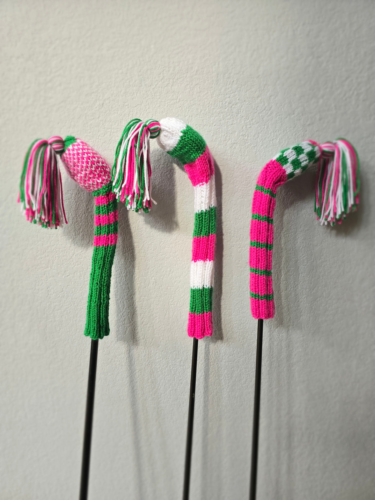 Golf Club Head Covers Retro-Vintage Pink, Green & White with Tassels for Drivers, Woods Hand Knit Golf Accessory