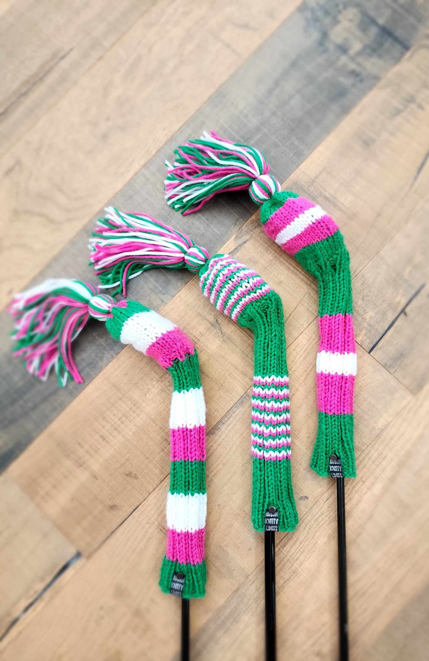 Three Hand Knit Golf Club Head Covers Retro-Vintage Pink, Green & White with Tassels for Drivers, Woods - Austinknittylimits