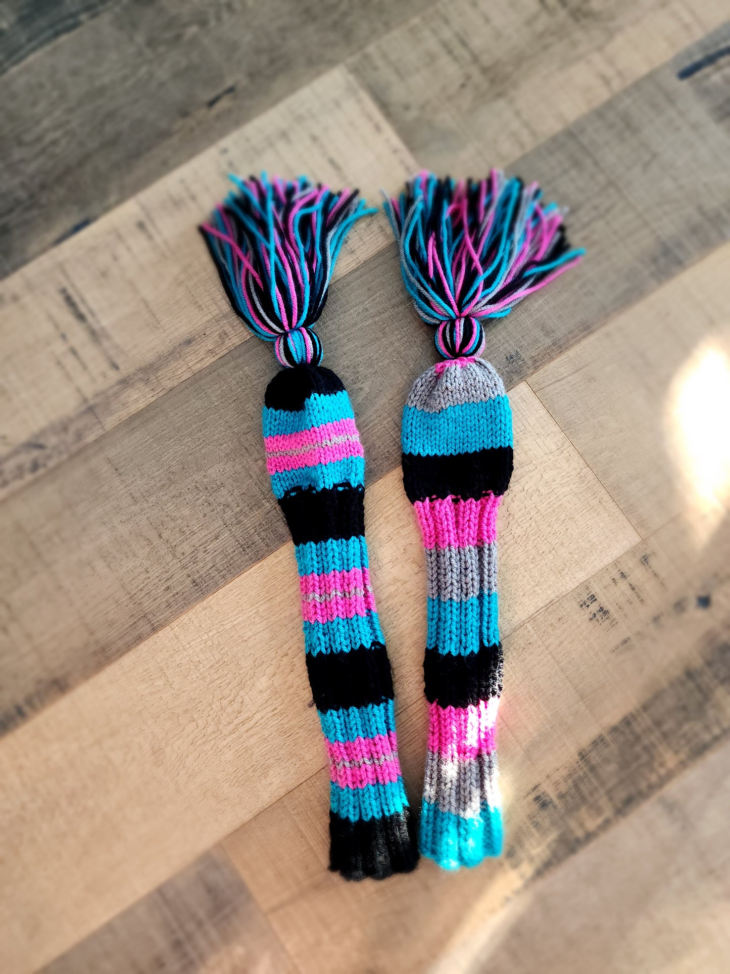 Two Hand Knit Golf Club Head Covers Retro-Vintage Black, Teal, Pink &Gray with Tassels for Fairway Woods - Austinknittylimits