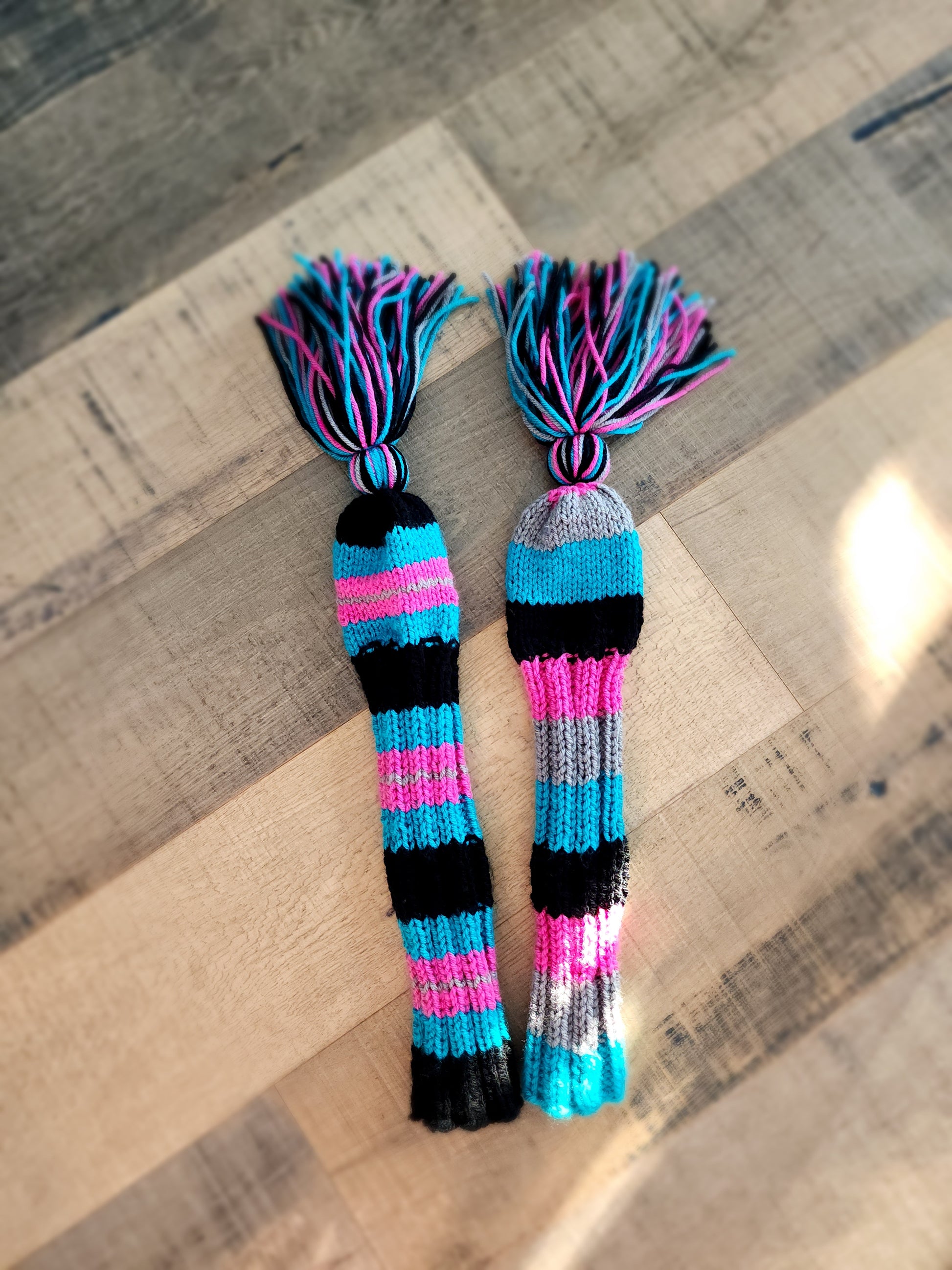 Two Hand Knit Golf Club Head Covers Retro-Vintage Black, Teal, Pink &Gray with Tassels for Fairway Woods - Austinknittylimits