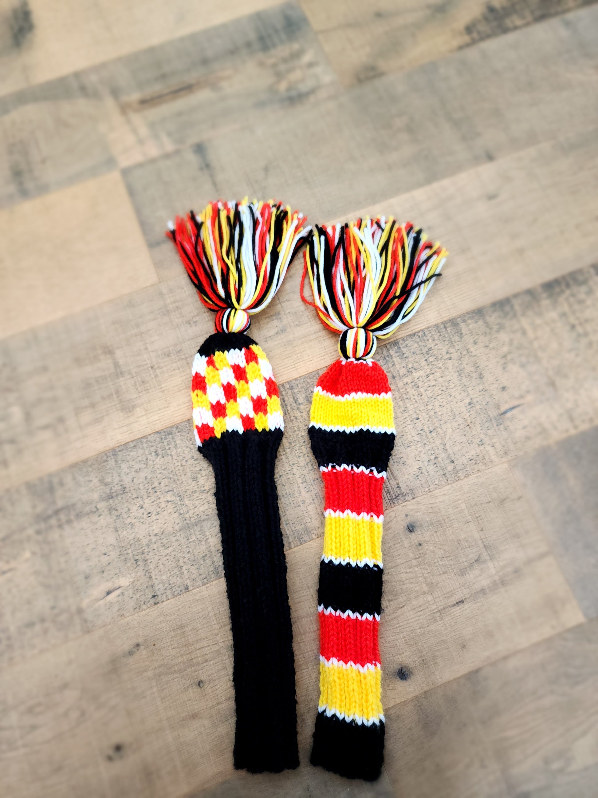 Two Hand Knit Golf Club Head Covers Retro-Vintage Black, Orange, Yellow & White with Tassels for Fairway Woods - Austinknittylimits