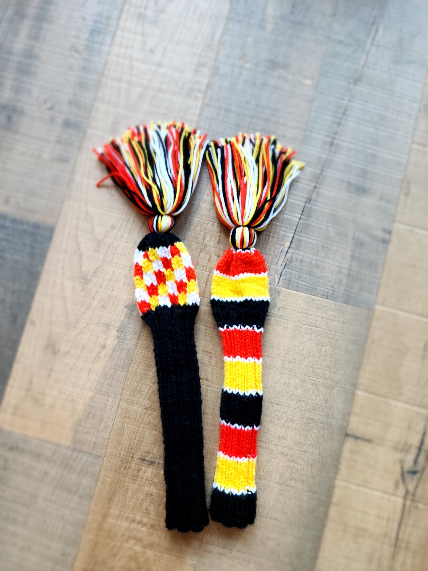 Two Hand Knit Golf Club Head Covers Retro-Vintage Black, Orange, Yellow & White with Tassels for Fairway Woods - Austinknittylimits
