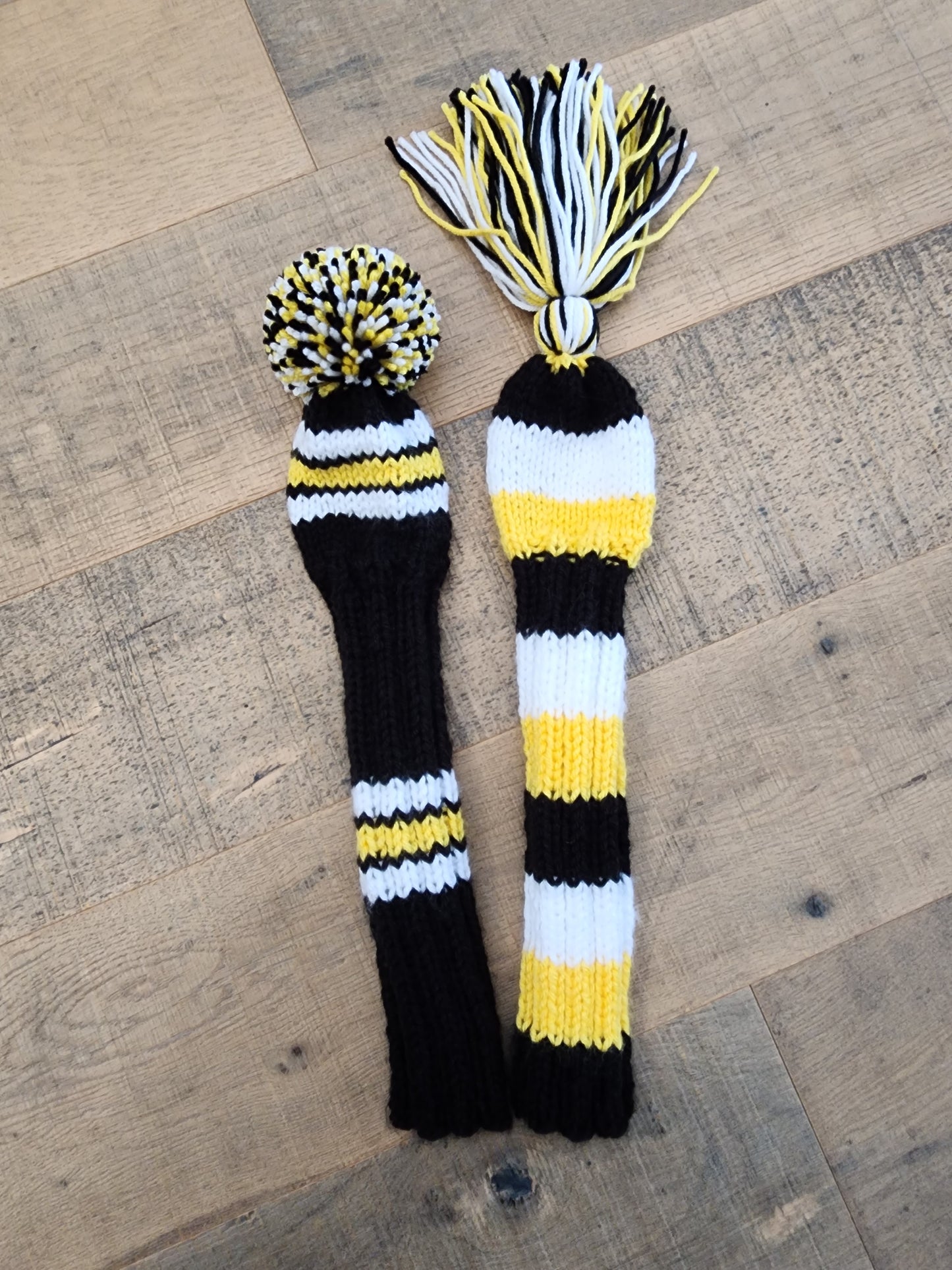 Two Golf Club Head Covers Retro-Vintage Black, Yellow & White with Tassels for Fairway Wood & Hybrid Covers - Austinknittylimits