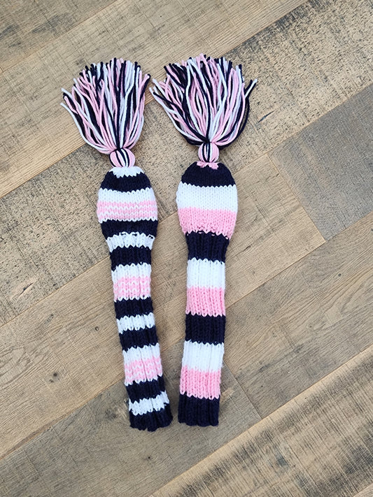 Two Golf Club Head Covers Retro-Vintage Navy, Pink & White with Tassels for Fairway Woods - Austinknittylimits