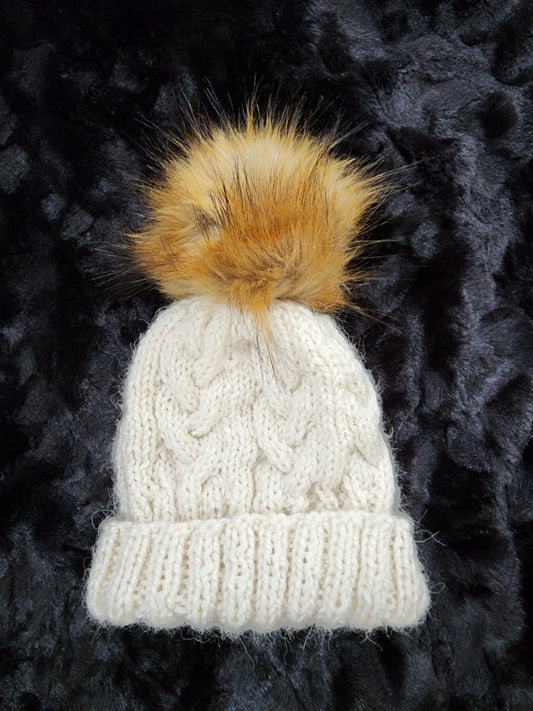 Hand Knit Cable Hat with Faux Fur Pom Pom - Austinknittylimits