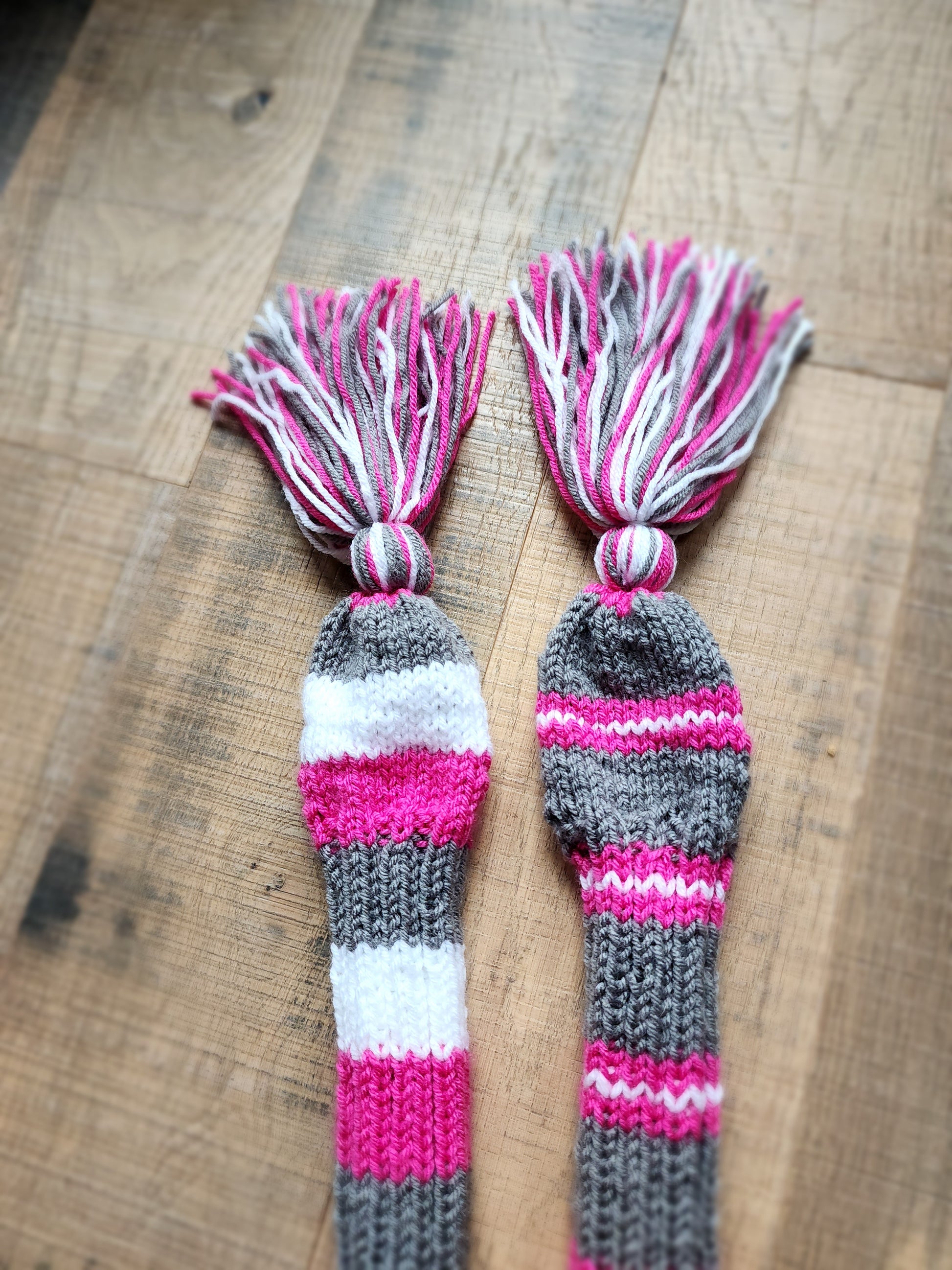 Two Golf Club Head Covers Retro-Vintage Pink, Gray & White with Tassels for Fairway Wood & Driver - Austinknittylimits