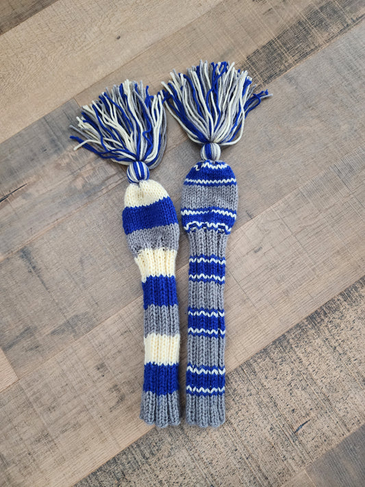 Hand Knit Golf Club Head Covers Retro-Vintage Blue, Yellow & Gray with Tassels for Fairway Woods - Austinknittylimits