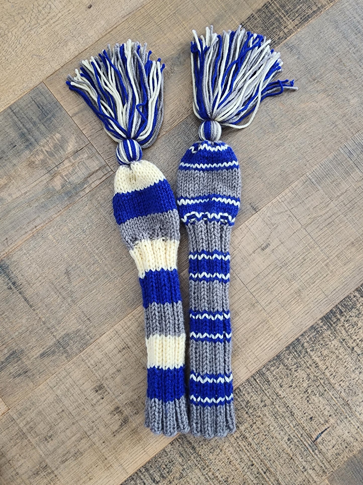 Hand Knit Golf Club Head Covers Retro-Vintage Blue, Yellow & Gray with Tassels for Fairway Woods - Austinknittylimits