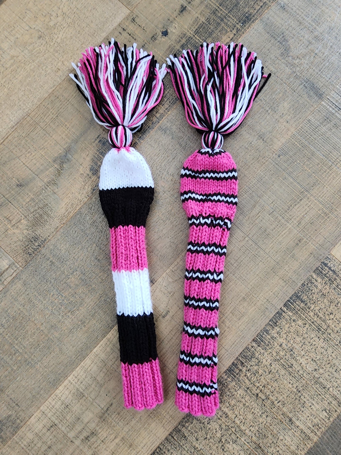 Two Hand Knit Golf Club Head Covers Retro-Vintage Black, Pink & White with Tassels for Fairway Woods - Austinknittylimits