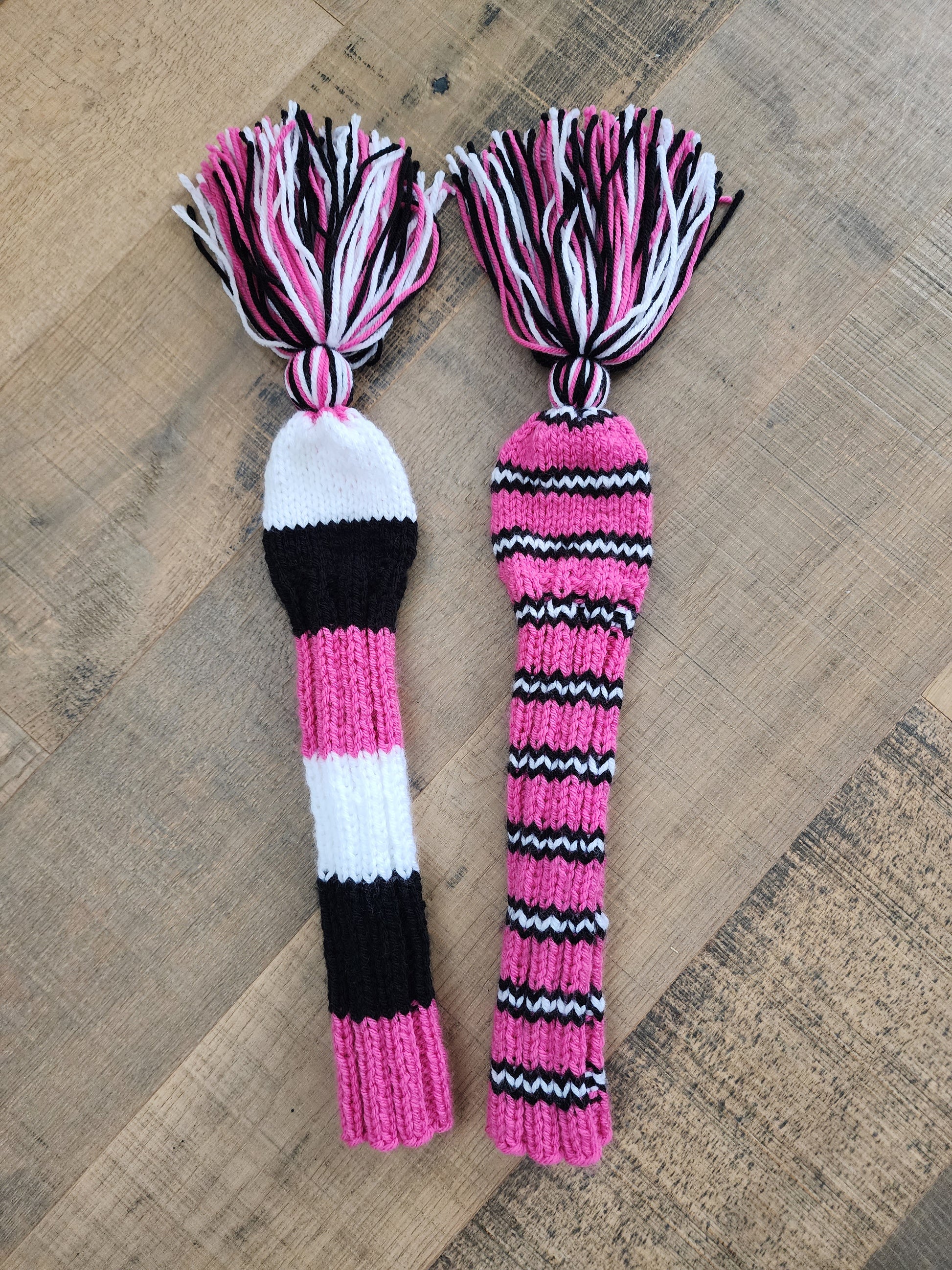 Two Hand Knit Golf Club Head Covers Retro-Vintage Black, Pink & White with Tassels for Fairway Woods - Austinknittylimits