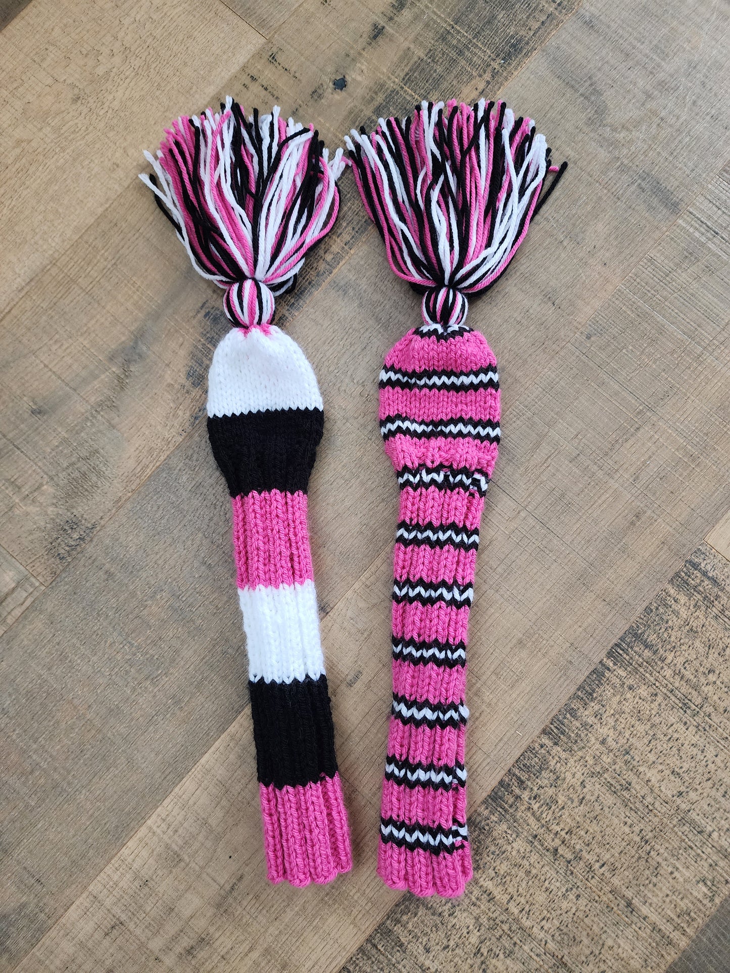 Two Hand Knit Golf Club Head Covers Retro-Vintage Black, Pink & White with Tassels for Fairway Woods - Austinknittylimits