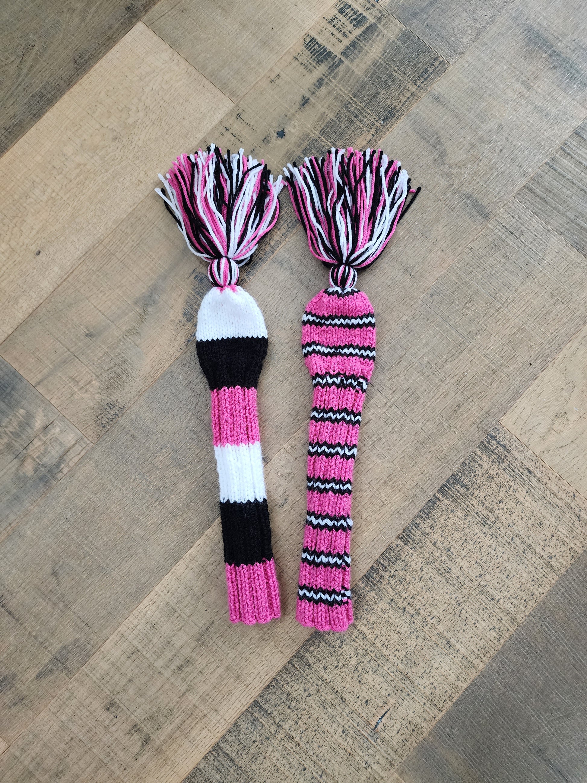 Two Hand Knit Golf Club Head Covers Retro-Vintage Black, Pink & White with Tassels for Fairway Woods - Austinknittylimits