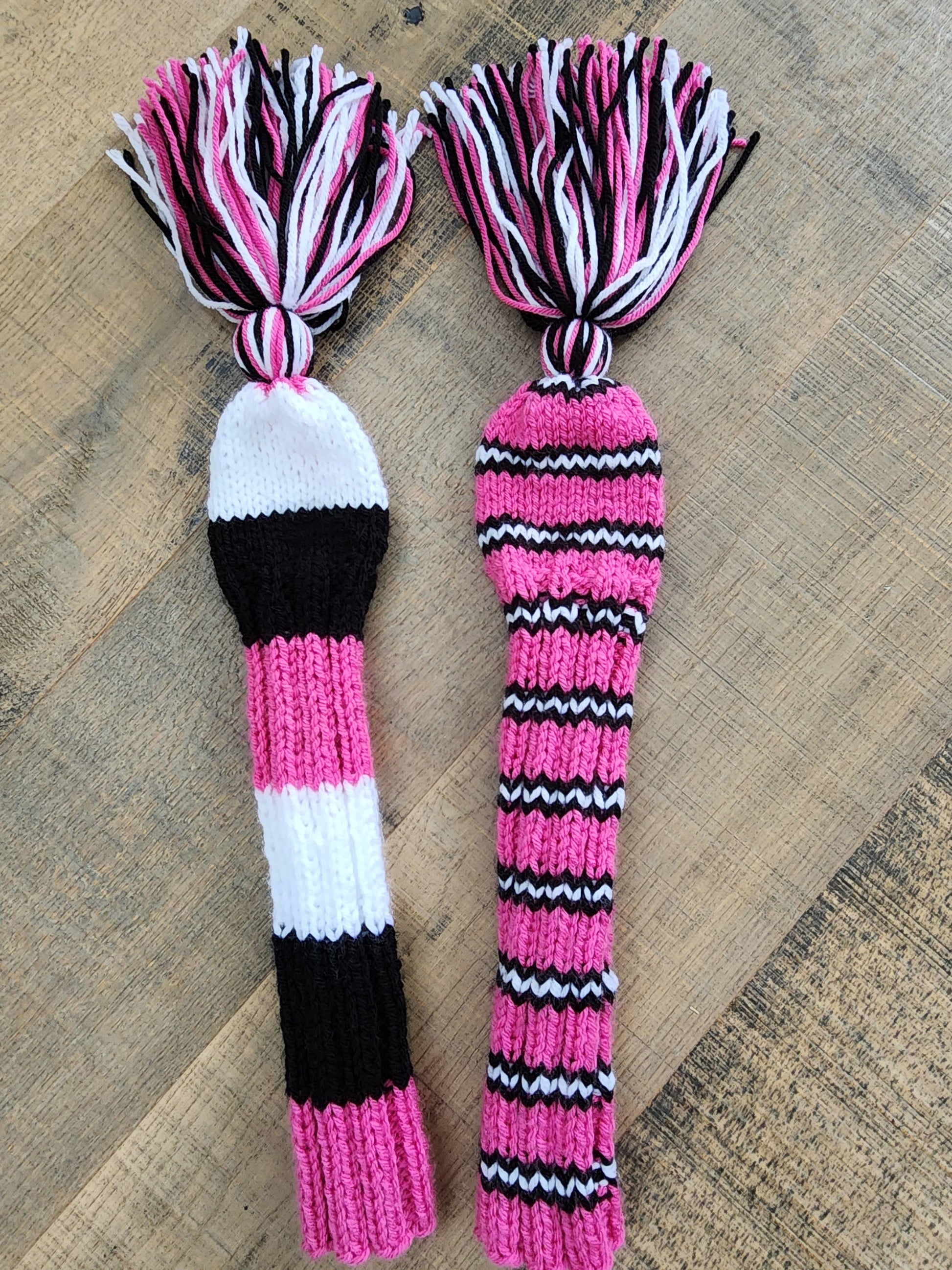 Two Hand Knit Golf Club Head Covers Retro-Vintage Black, Pink & White with Tassels for Fairway Woods - Austinknittylimits