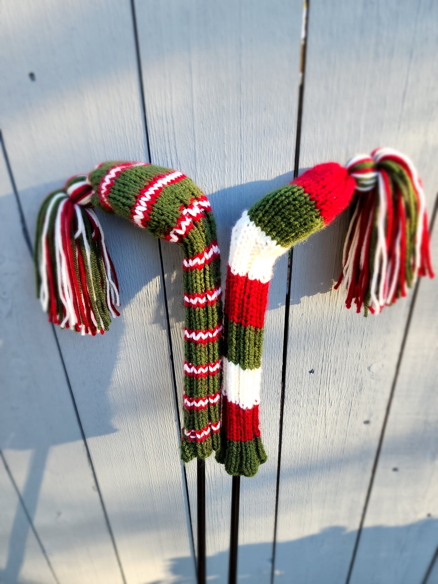Two Hand Knit Golf Club Head Covers Retro-Vintage Green, Red & Off White with Tassels for Fairway Woods - Austinknittylimits