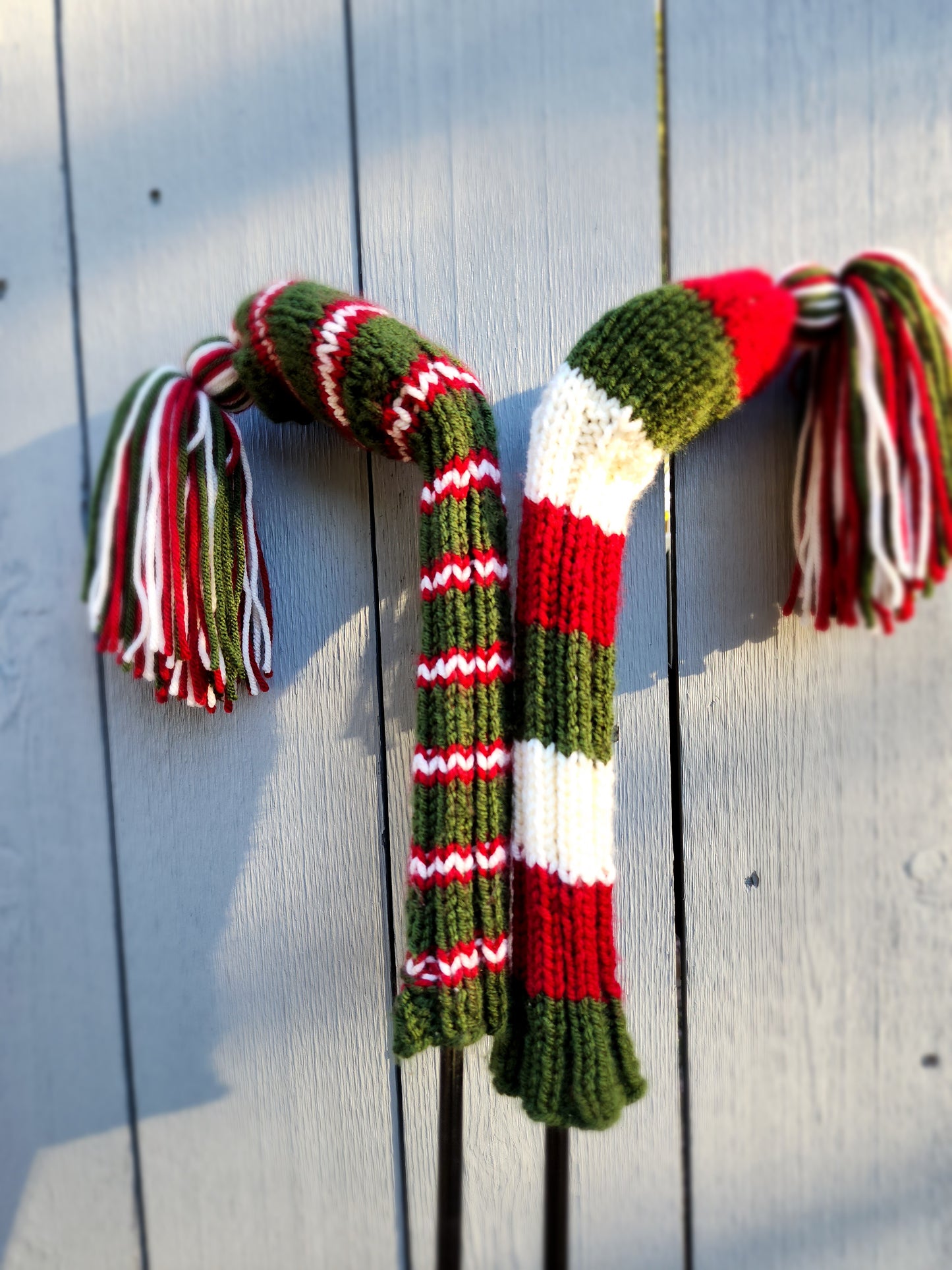 Two Hand Knit Golf Club Head Covers Retro-Vintage Green, Red & Off White with Tassels for Fairway Woods - Austinknittylimits