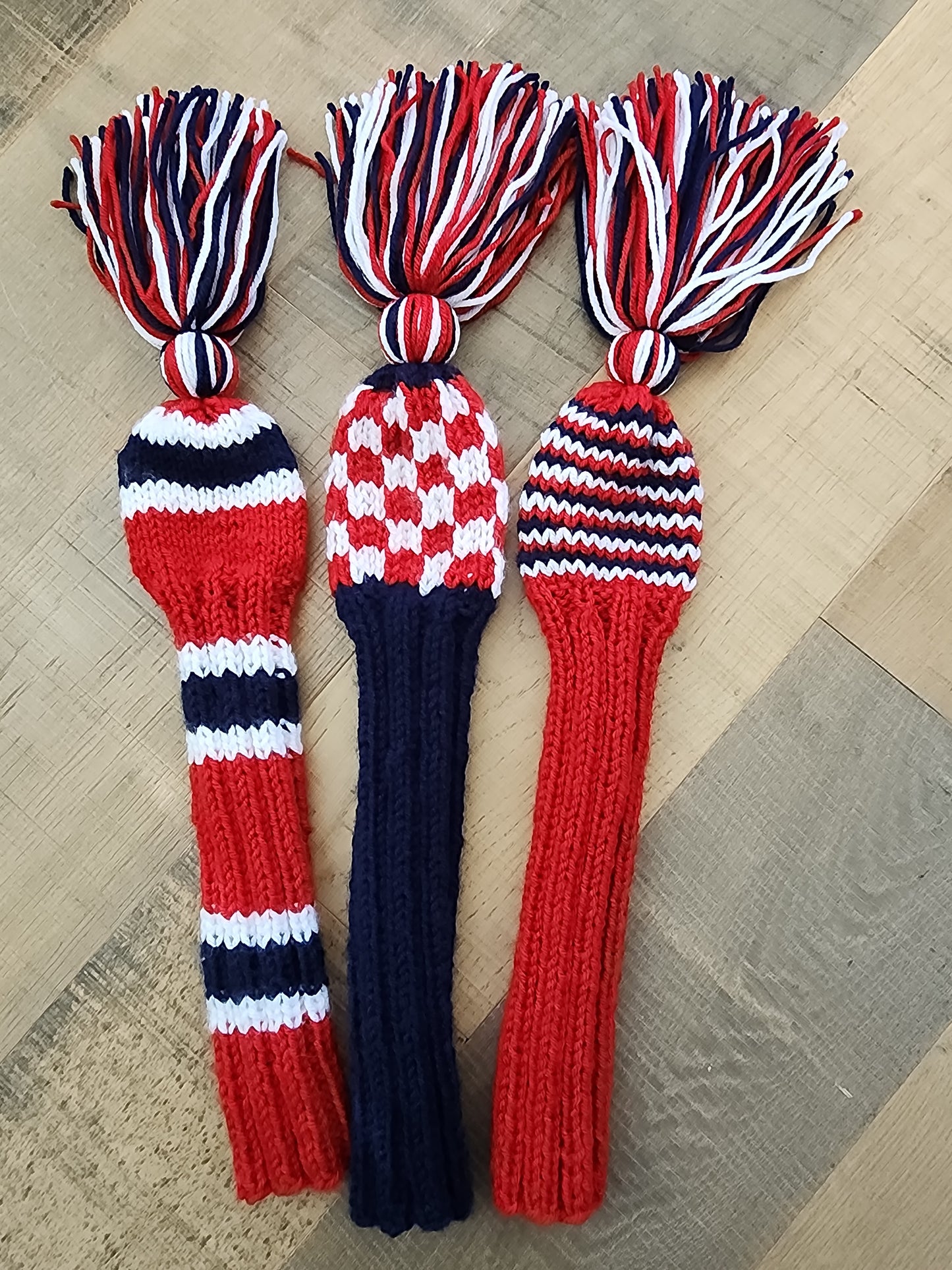Three Golf Club Head Covers Retro-Vintage Red, White & Blue with Tassels for Fairway Woods - Austinknittylimits