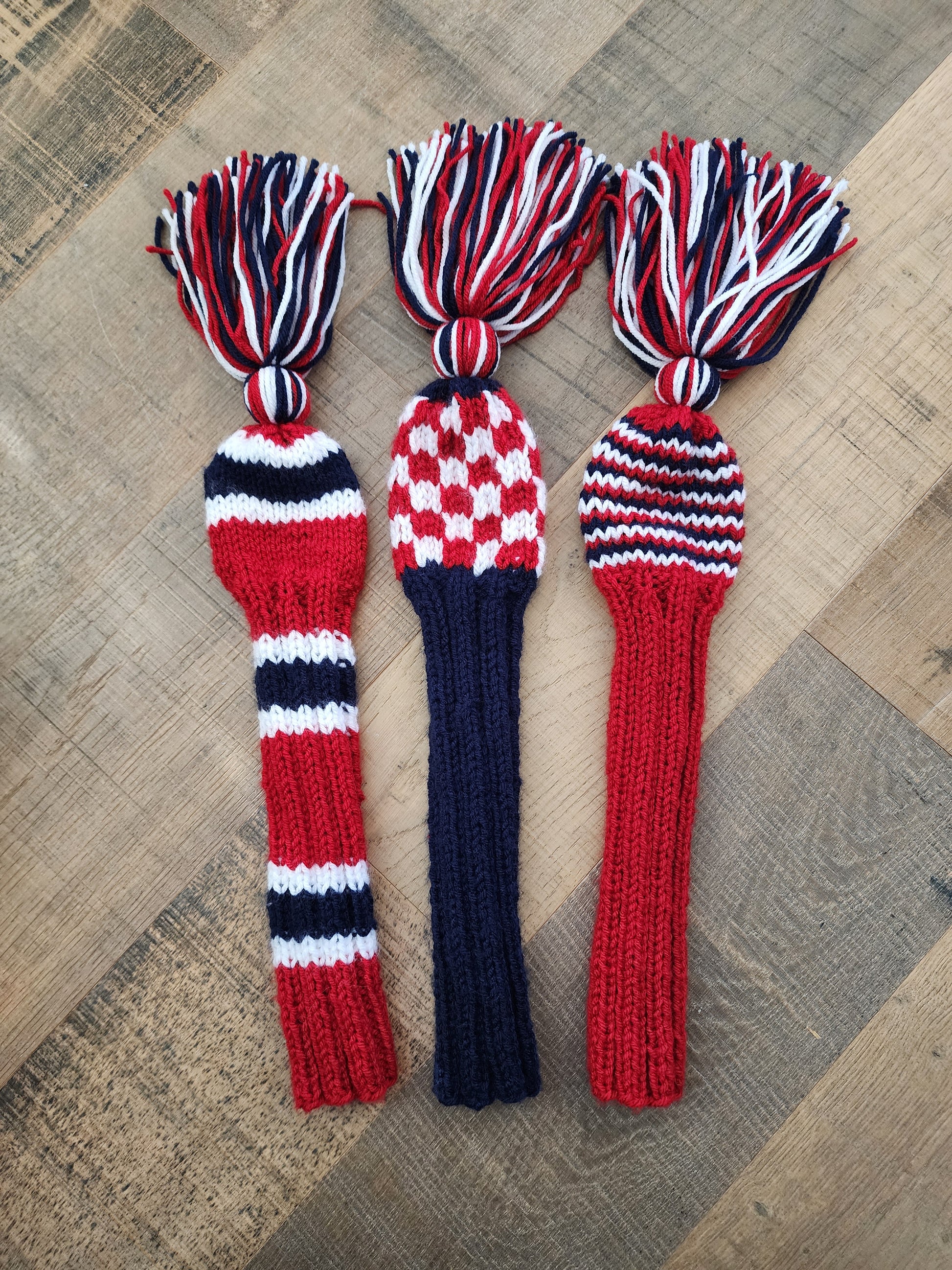 Three Golf Club Head Covers Retro-Vintage Red, White & Blue with Tassels for Fairway Woods - Austinknittylimits