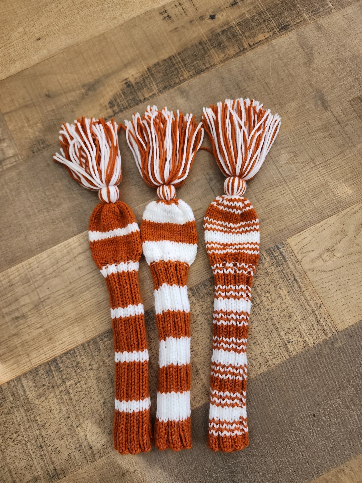Three Golf Club Head Covers Retro-Vintage Orange & White with Tassels for Drivers, Woods - Austinknittylimits