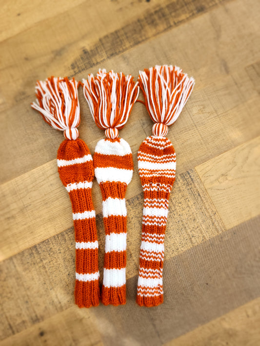 Three Golf Club Head Covers Retro-Vintage Orange & White with Tassels for Drivers, Woods - Austinknittylimits