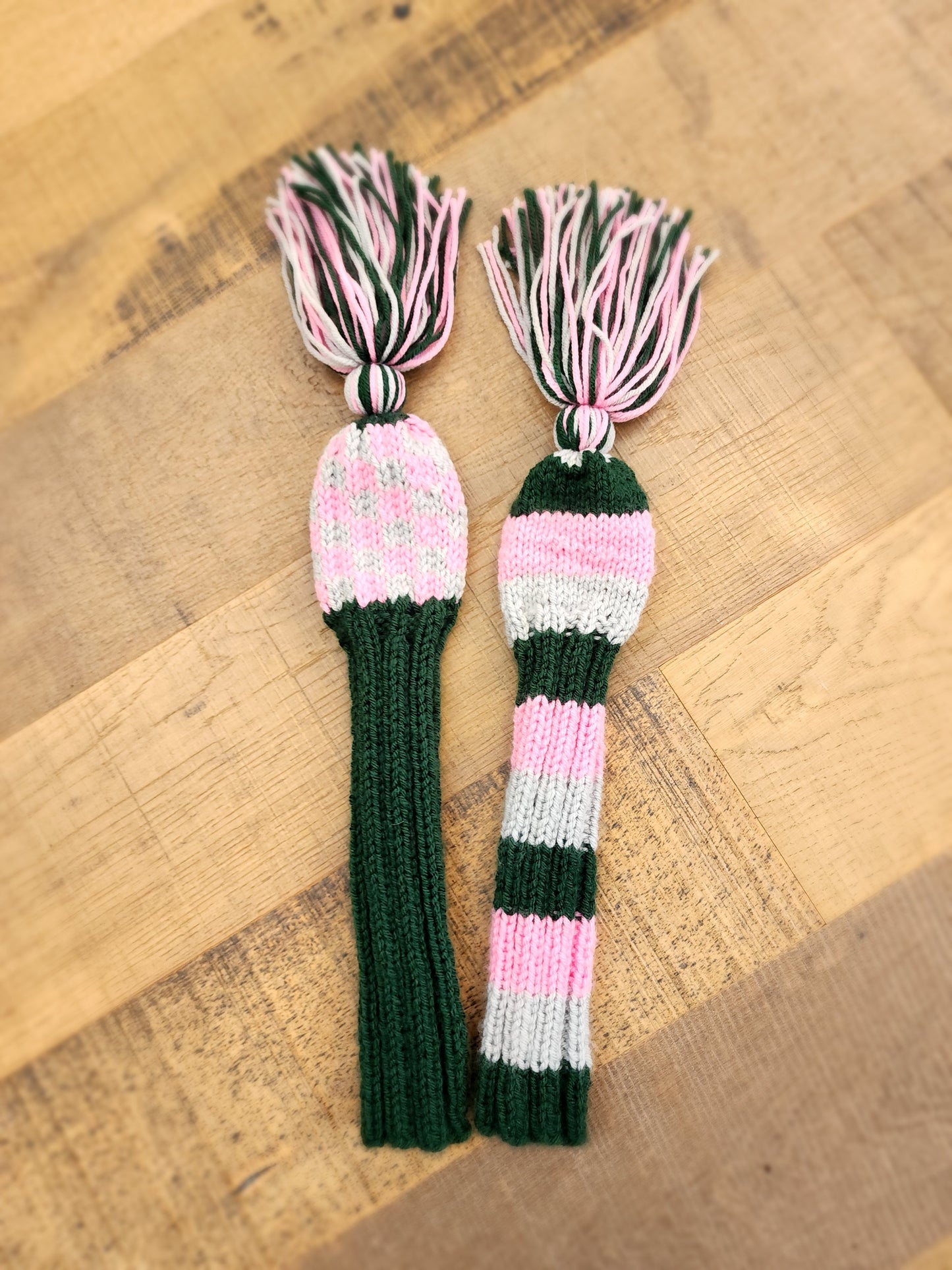 Two Golf Club Head Covers Retro-Vintage Pink, Green & Gray with Tassels for Fairway Woods - Austinknittylimits