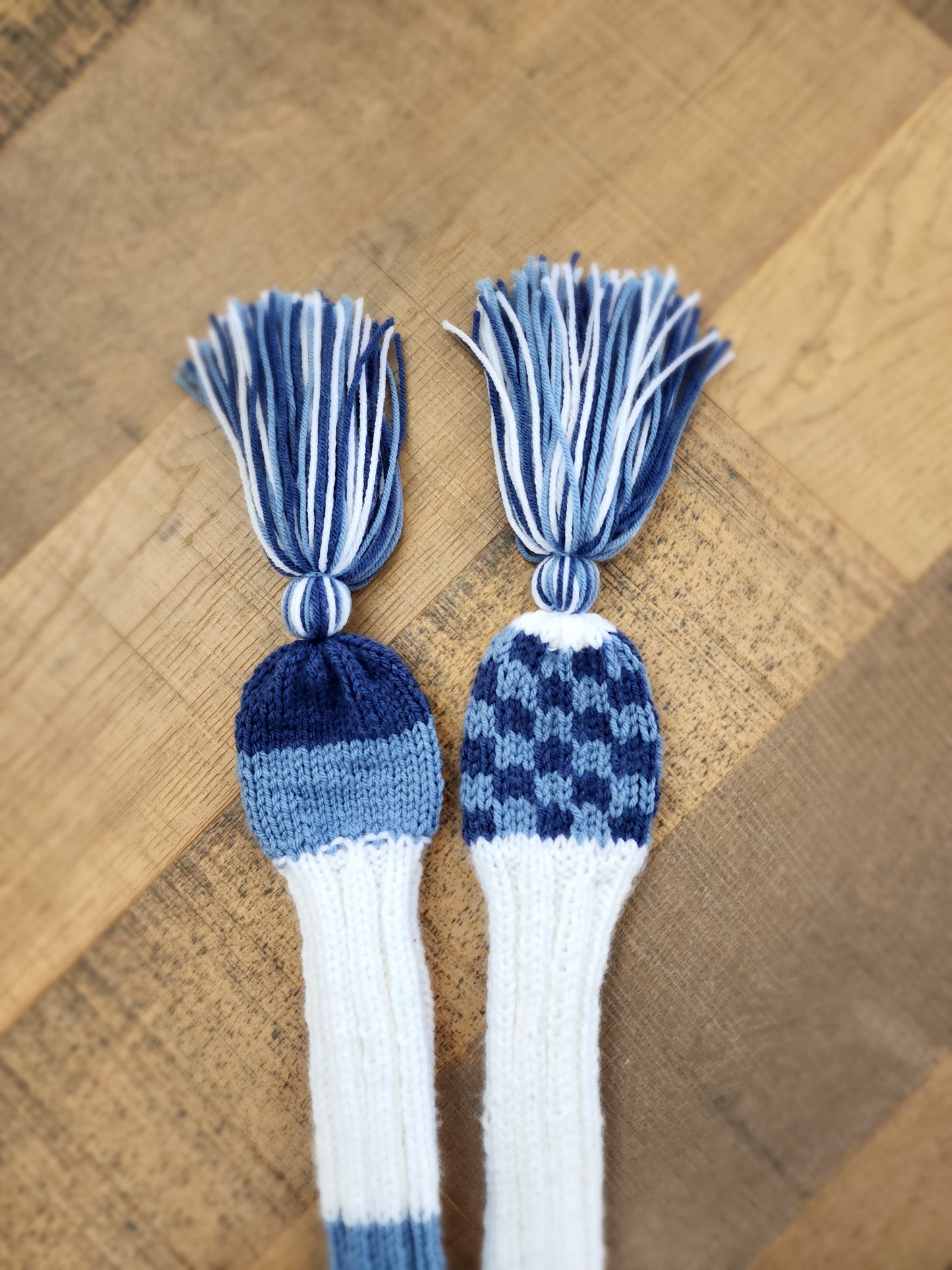 Two Golf Club Head Covers Retro-Vintage Blue & White with Tassels for Driver & Fairway Wood - Austinknittylimits