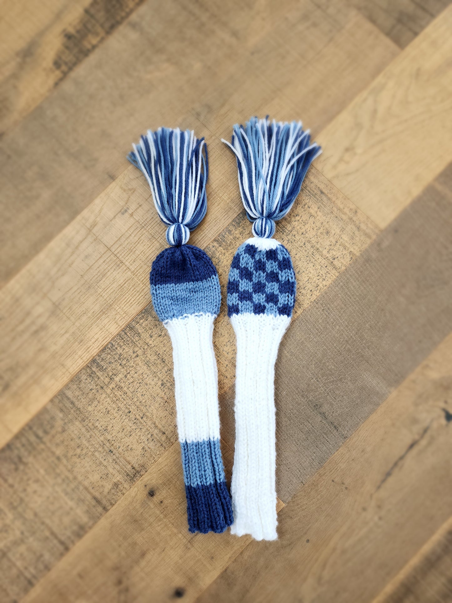 Two Golf Club Head Covers Retro-Vintage Blue & White with Tassels for Driver & Fairway Wood - Austinknittylimits