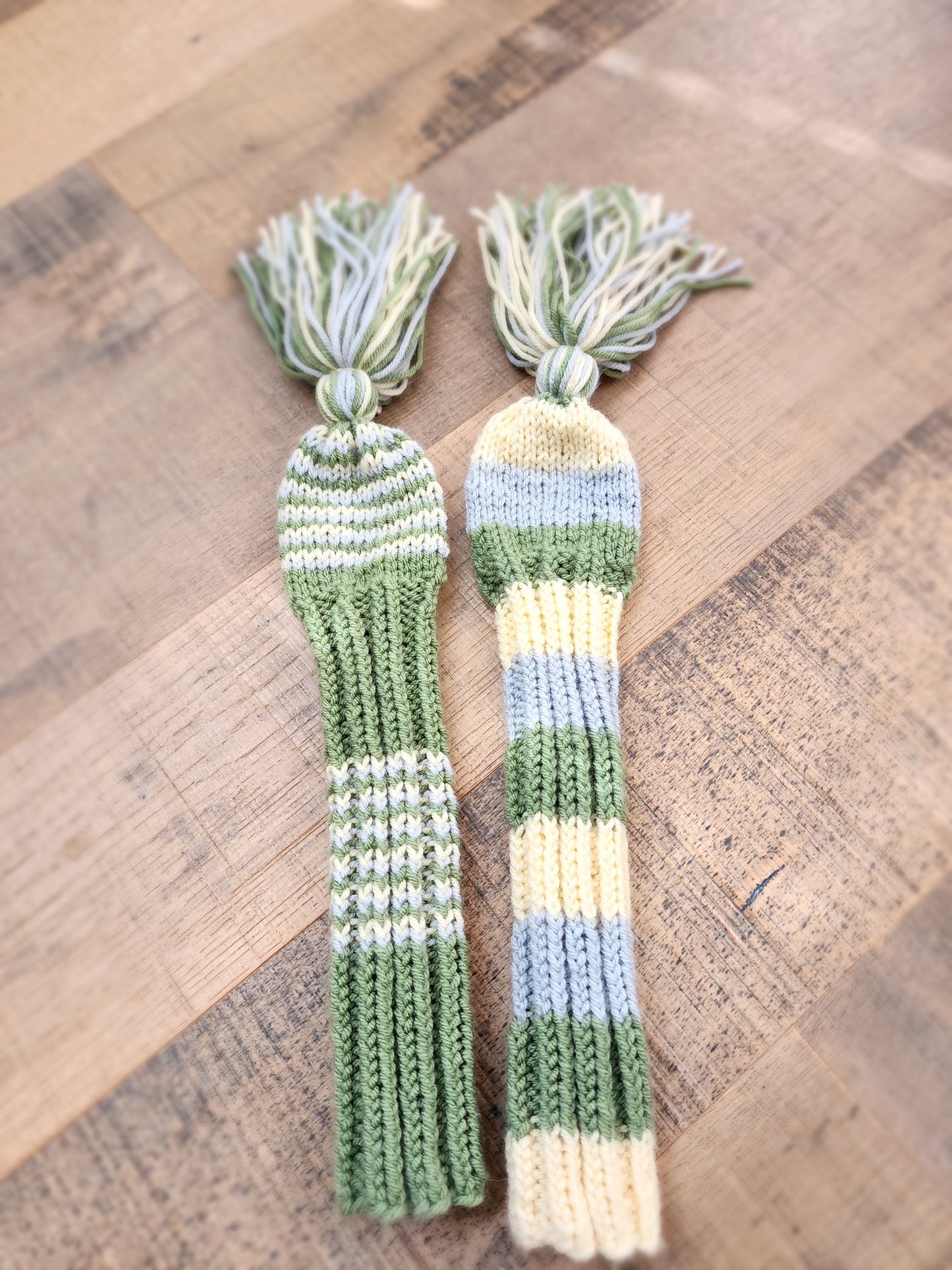 Two Golf Club Head Covers Retro-Vintage Green, Yellow & Gray with Tassels for Fairway Woods