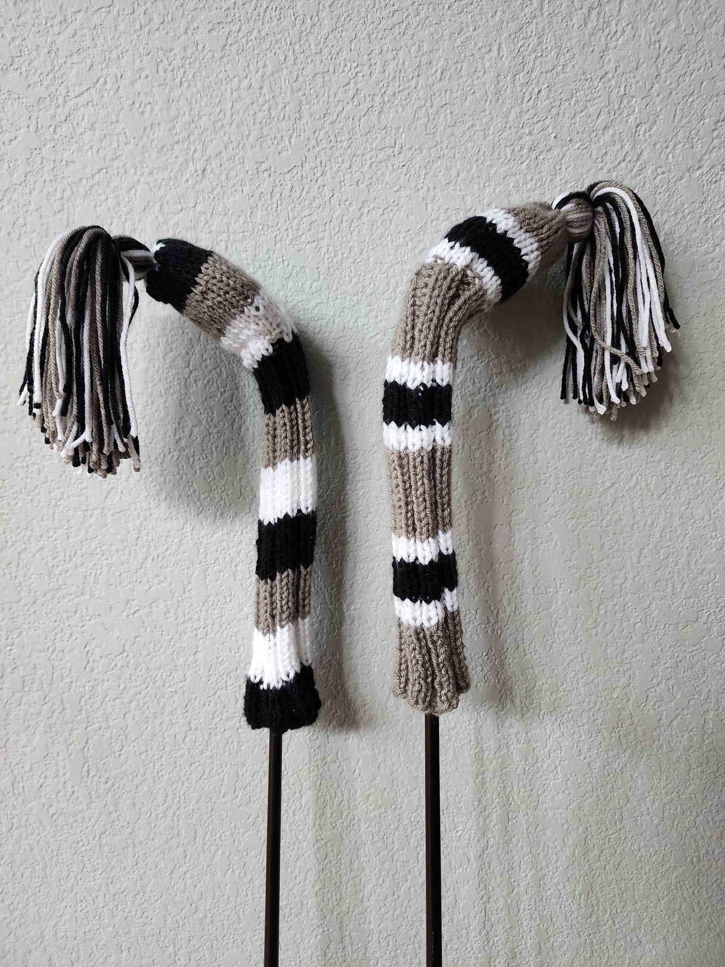 Two Golf Club Head Covers Retro-Vintage Black, Gray & White with Pom Poms for Drivers, Woods