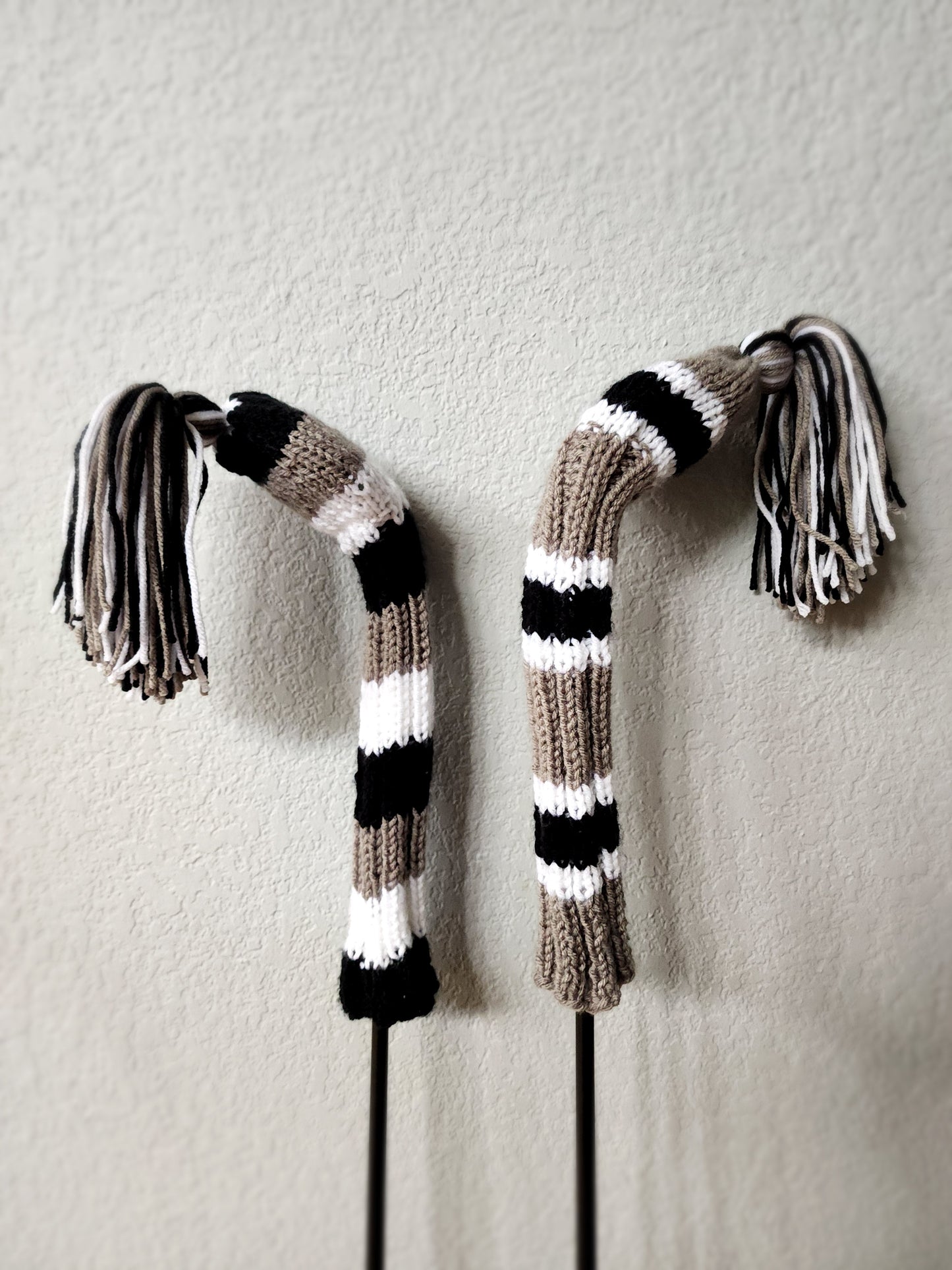 Two Golf Club Head Covers Retro-Vintage Black, Gray & White with Pom Poms for Drivers, Woods