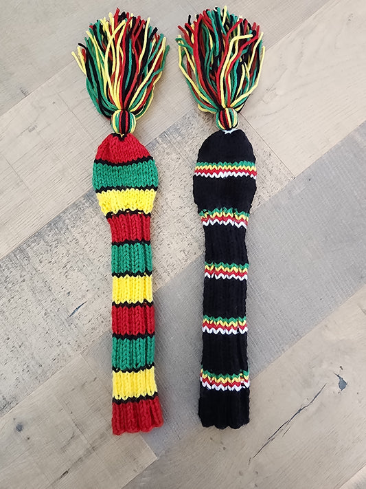 Two Golf Club Head Covers Retro-Vintage Black, Red, Yellow, Green & White with Tassels for Fairway Woods