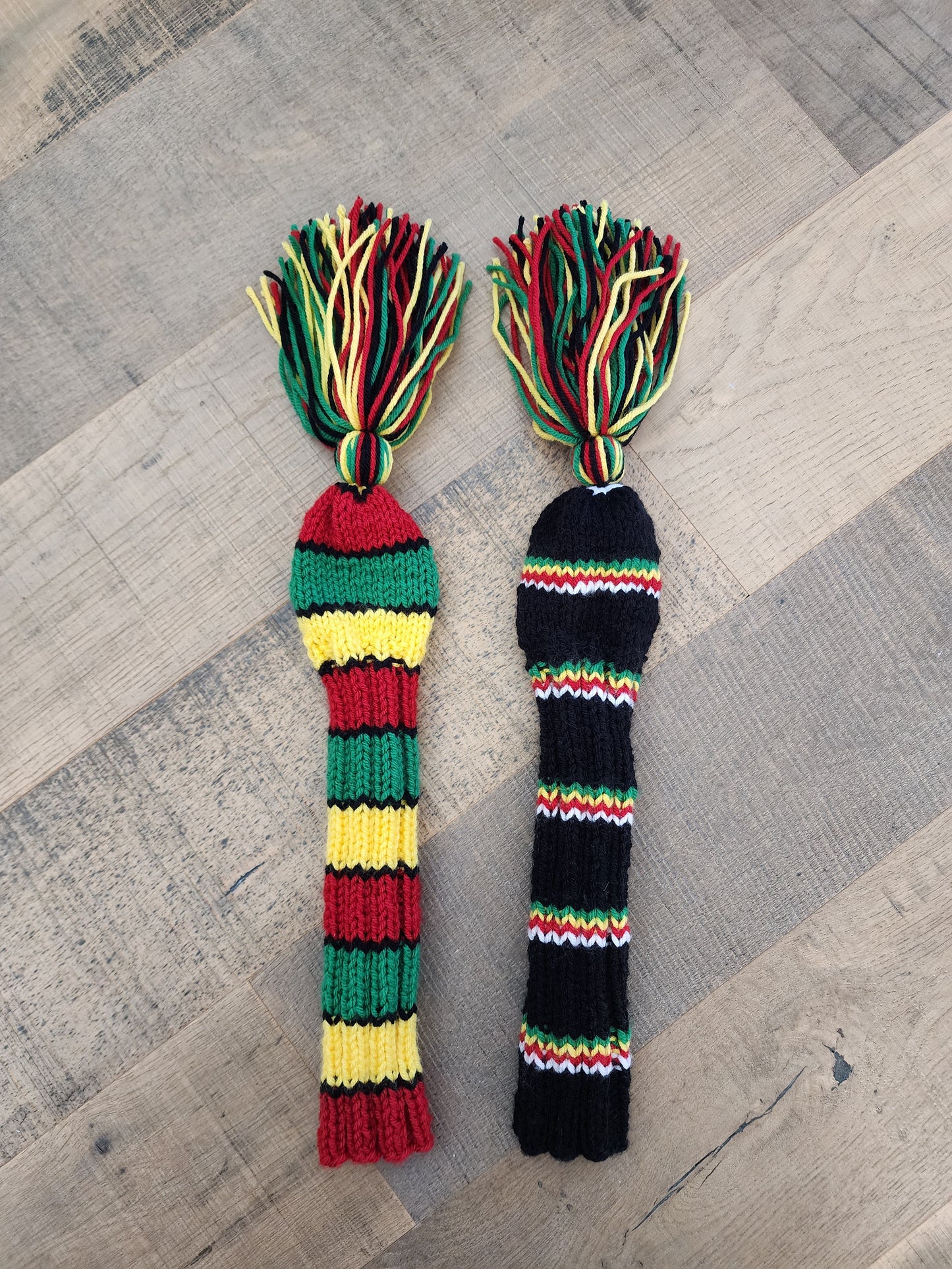 Two Golf Club Head Covers Retro-Vintage Black, Red, Yellow, Green & White with Tassels for Fairway Woods