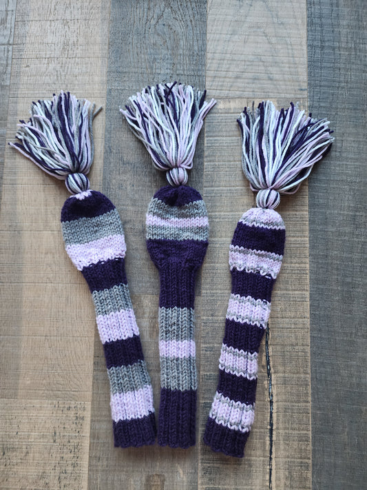 Three Golf Club Head Covers Retro-Vintage Purple & Gray with Tassels for Drivers, Woods