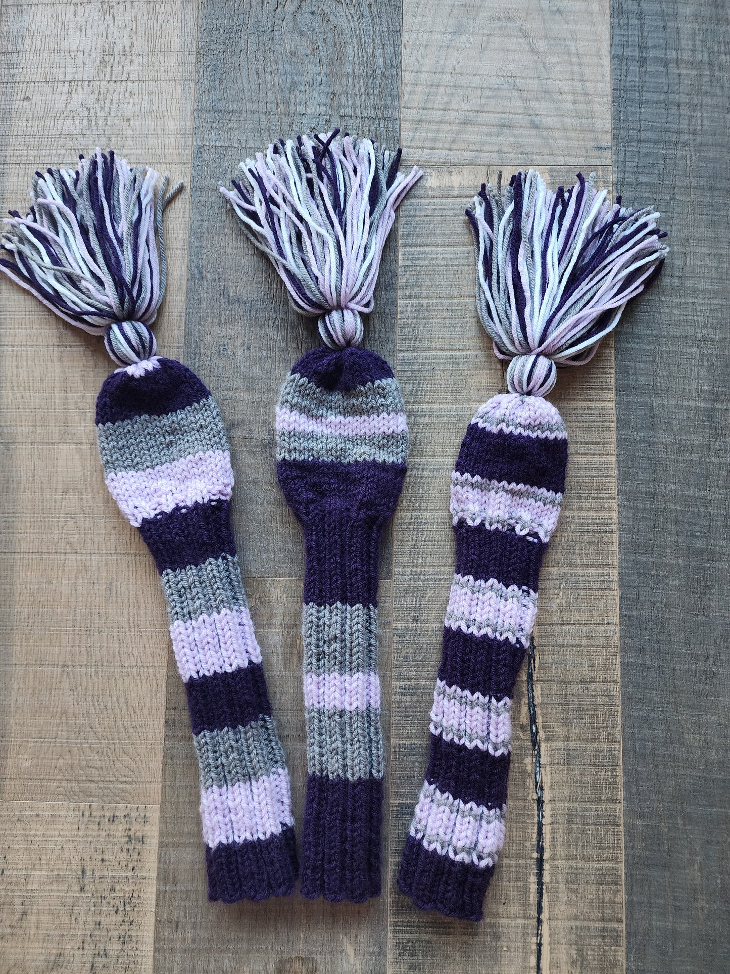 Three Golf Club Head Covers Retro-Vintage Purple & Gray with Tassels for Drivers, Woods