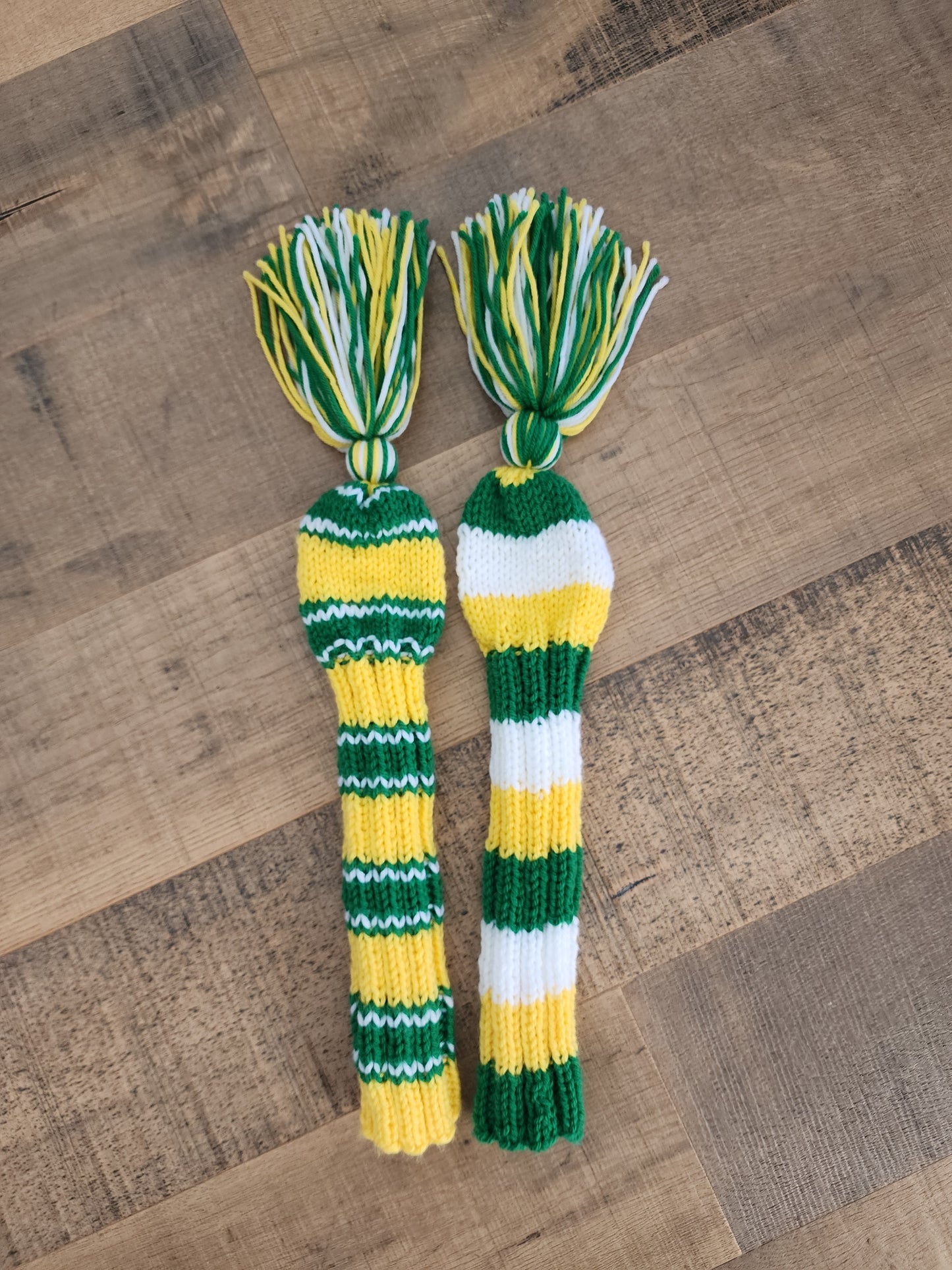 Hand Knit Golf Club Head Covers Retro-Vintage Green, Yellow & White with Tassels for Fairway Woods
