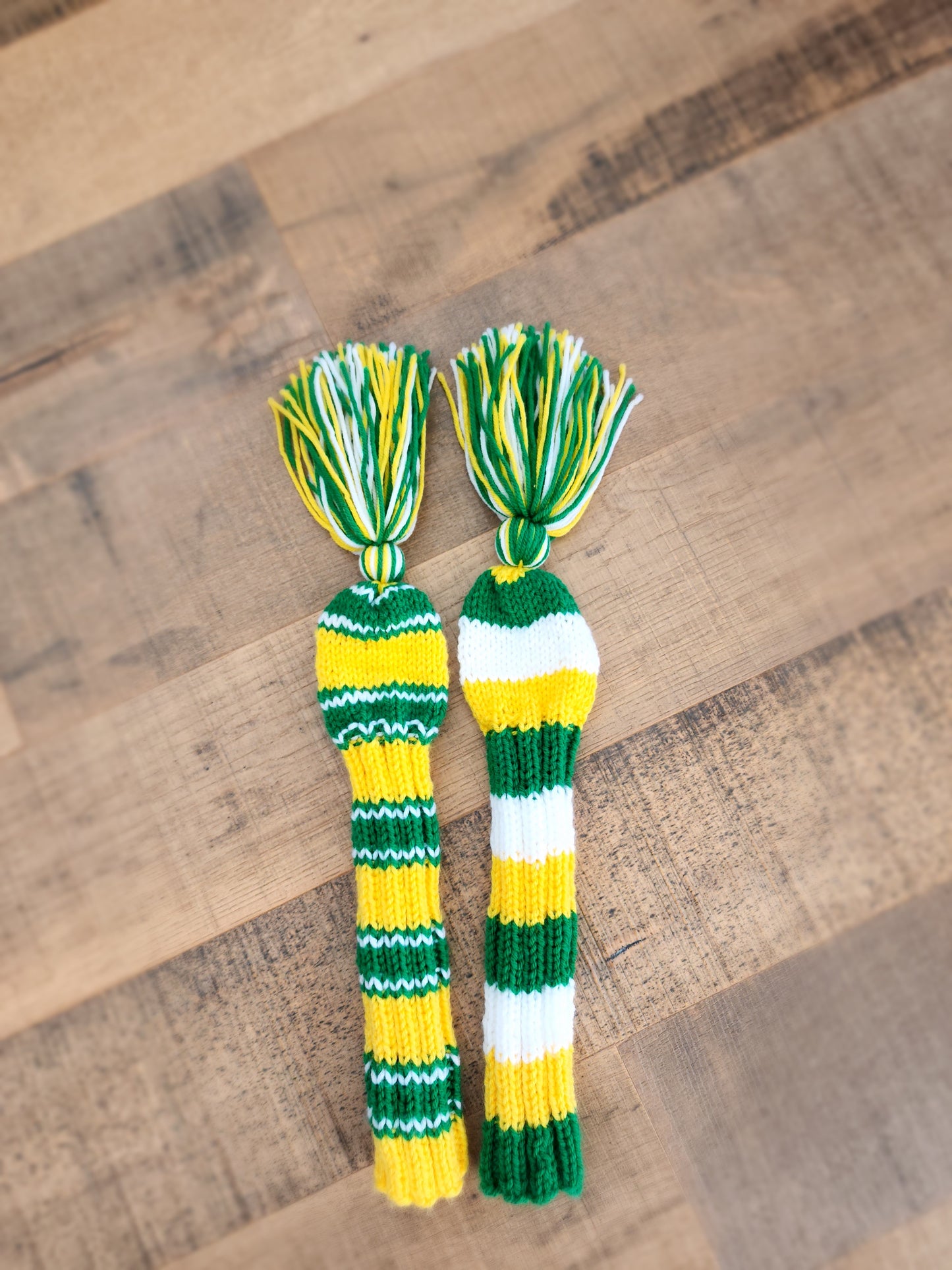 Hand Knit Golf Club Head Covers Retro-Vintage Green, Yellow & White with Tassels for Fairway Woods