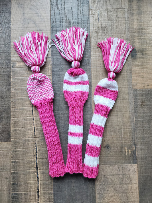 Three Golf Club Head Covers Retro-Vintage Pink & White with Pom Poms for Drivers, Woods